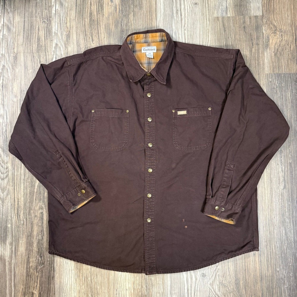Carhartt Men 2XL Brown Flannel Lined Canvas Shirt Jacket S96DKB Workwear Vintage